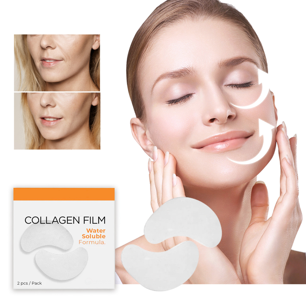 Collagen film with a woman applying it to her face, showing before and after effects