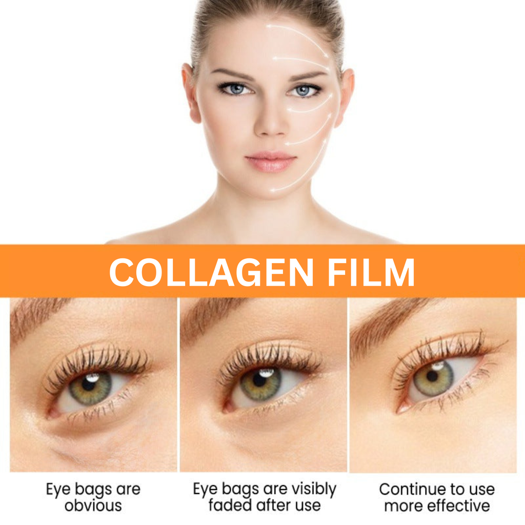 close-ups of eye area before and after use of collagen film 